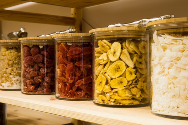 natural dried fruit snacks on a shelf