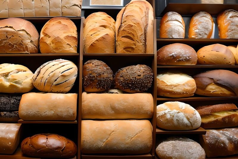 Various kinds of bread on a shelf staying fresh