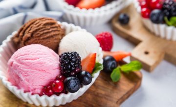 Ice cream and berries, decorated in a white bowl