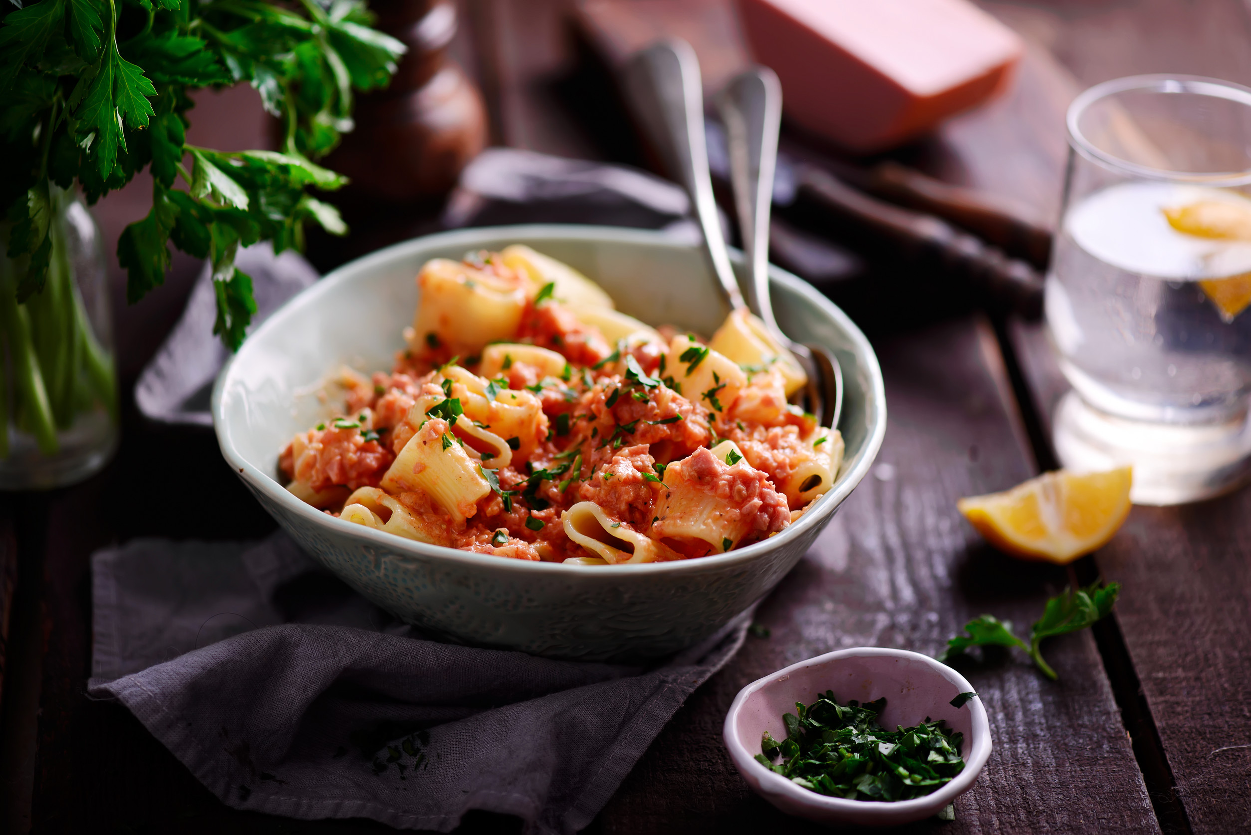 Pasta-Dish Pasta dish with mortadella and tomato sauce in a rustic style