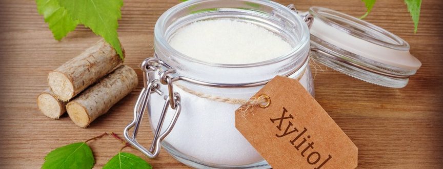xylitol sweetener in jar with birch bark