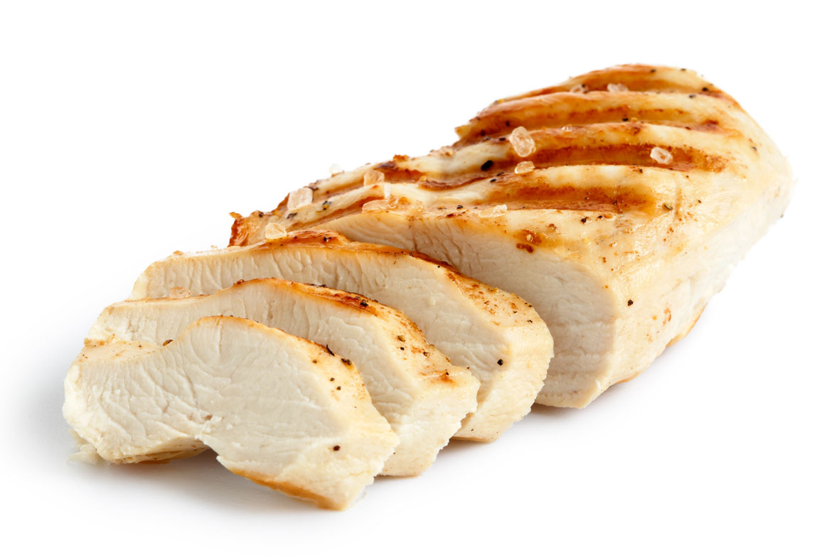 sliced cooked chicken white background