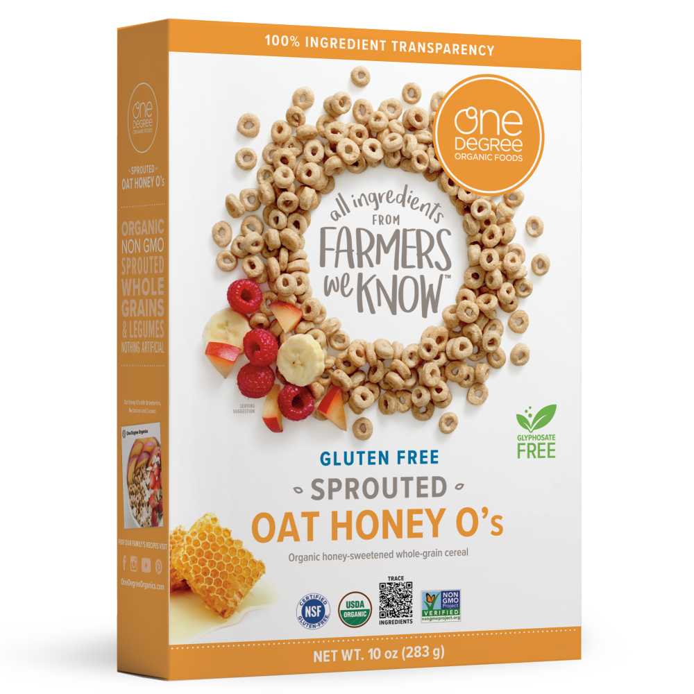 Box of 5.	One Degree Organic Sprouted Oat Honey O’s cereal