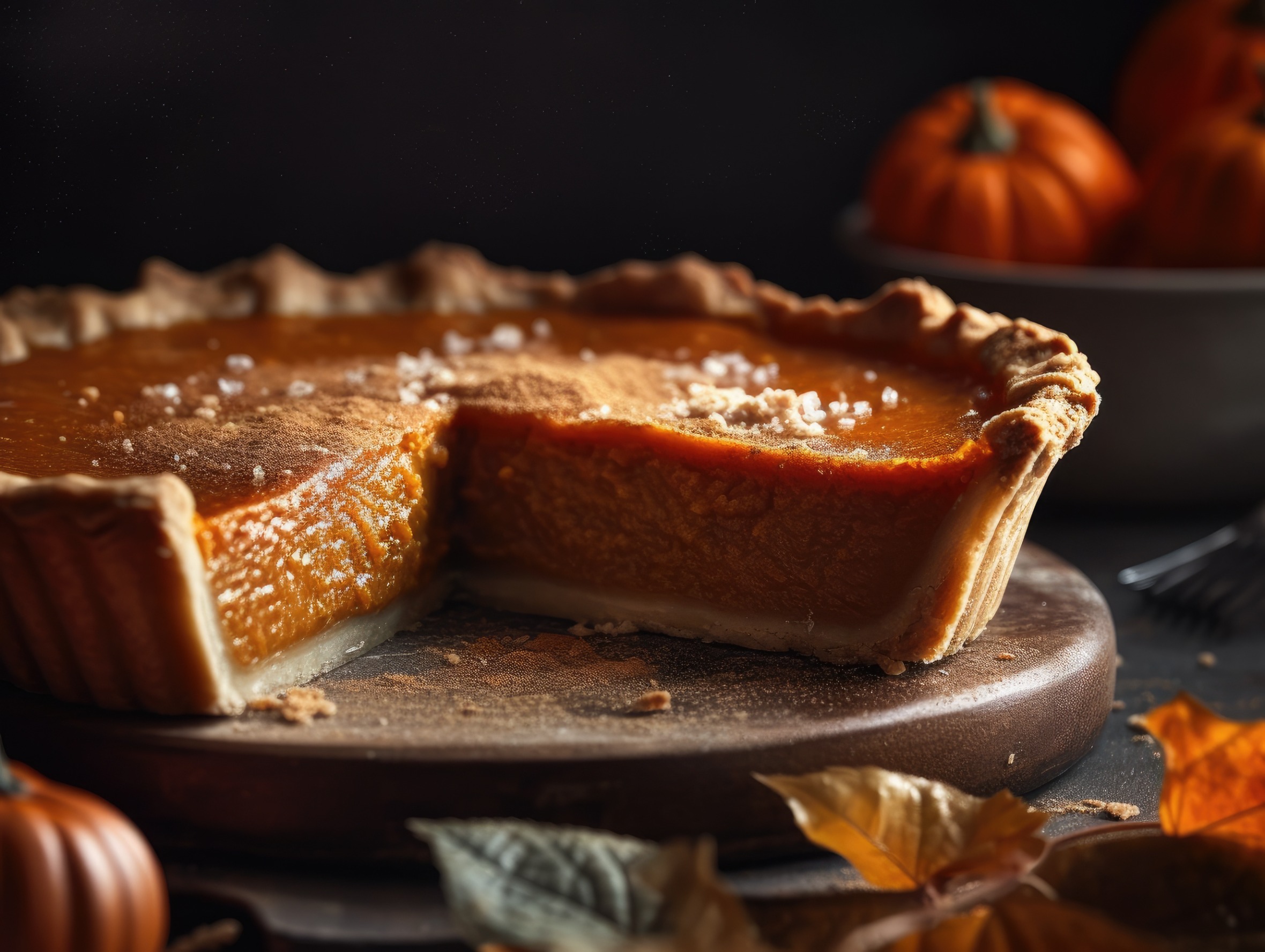 Perfect pumpkin pie on a cutting board wheel