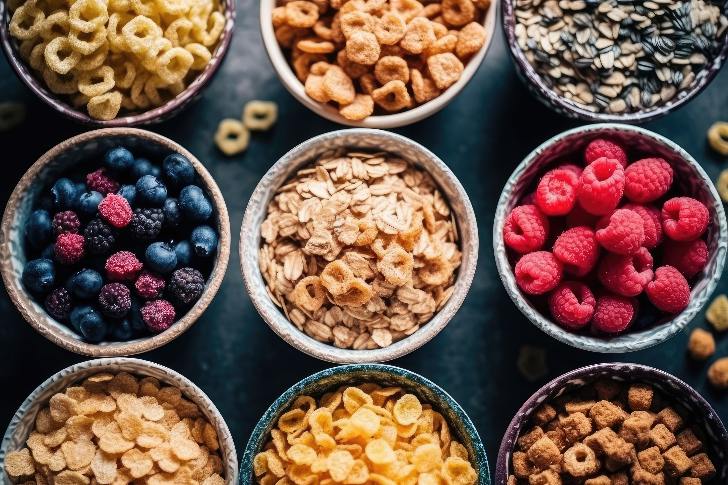 Fruits and cereals in various bowls