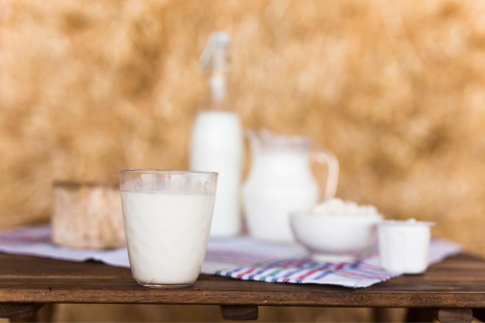 Milk and white cheeses in different containers on a wooden table with a tablecloth from a dairy ingredient supplier