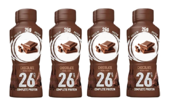 four bottles of chocolate protein drinks