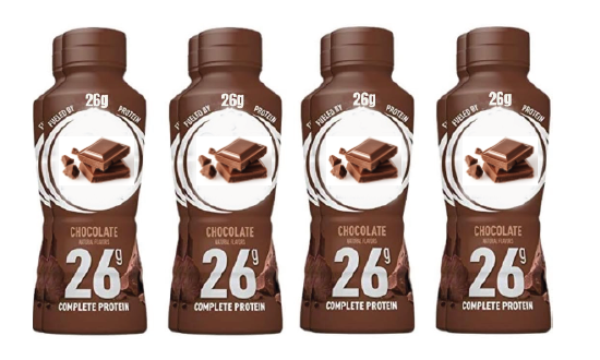 four bottles of chocolate protein drinks