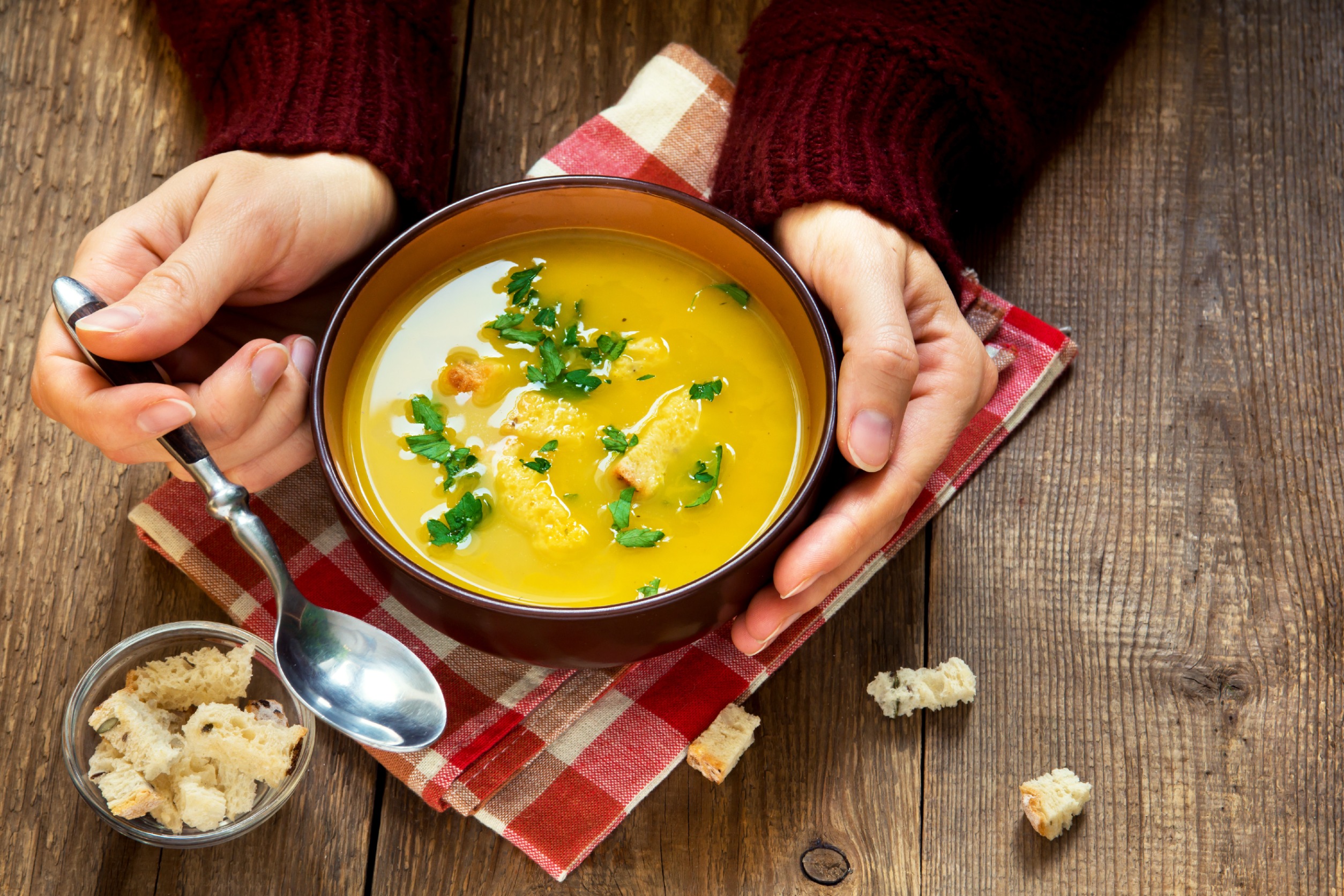 Woman's hands holding a vegetable soup with parsley over a wooden background