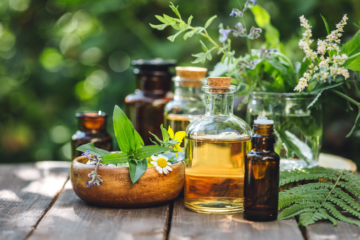 botanical extracts and tinctures on a wood table