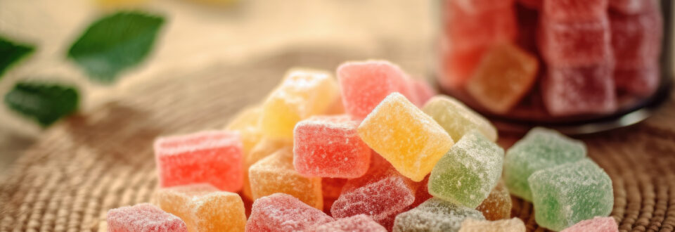 Assorted jelly candies in natural colors displayed on a woven mat beside a glass jar.