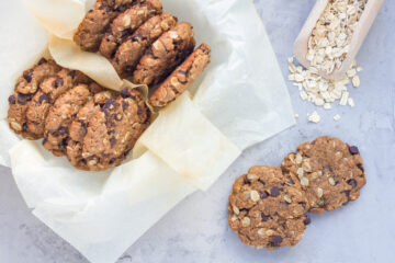 soft baked protein oatmeal cookies displayed on parchment paper