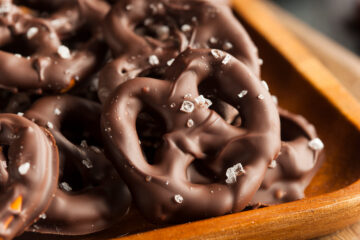 Pretzels covered in confectionery alternatives to chocolate